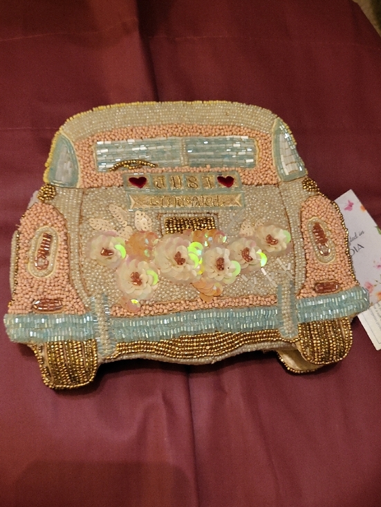 handcrafted in India Handbags - Just Married Novelty Car Clutch with Floral Sequin Accents Shoulder Strap Chain